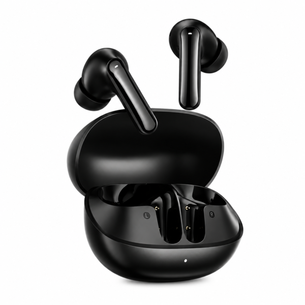 QCY MeloBuds N20 black wireless earbuds floating above open charging case২QCY MeloBuds N20 black charging case closed with QCY logo৩QCY MeloBuds N20 black earbuds placed inside open charging case৪QCY MeloBuds N20 black wireless earbuds hovering above closed charging case৫QCY MeloBuds N20 black true wireless earbuds above open charging case